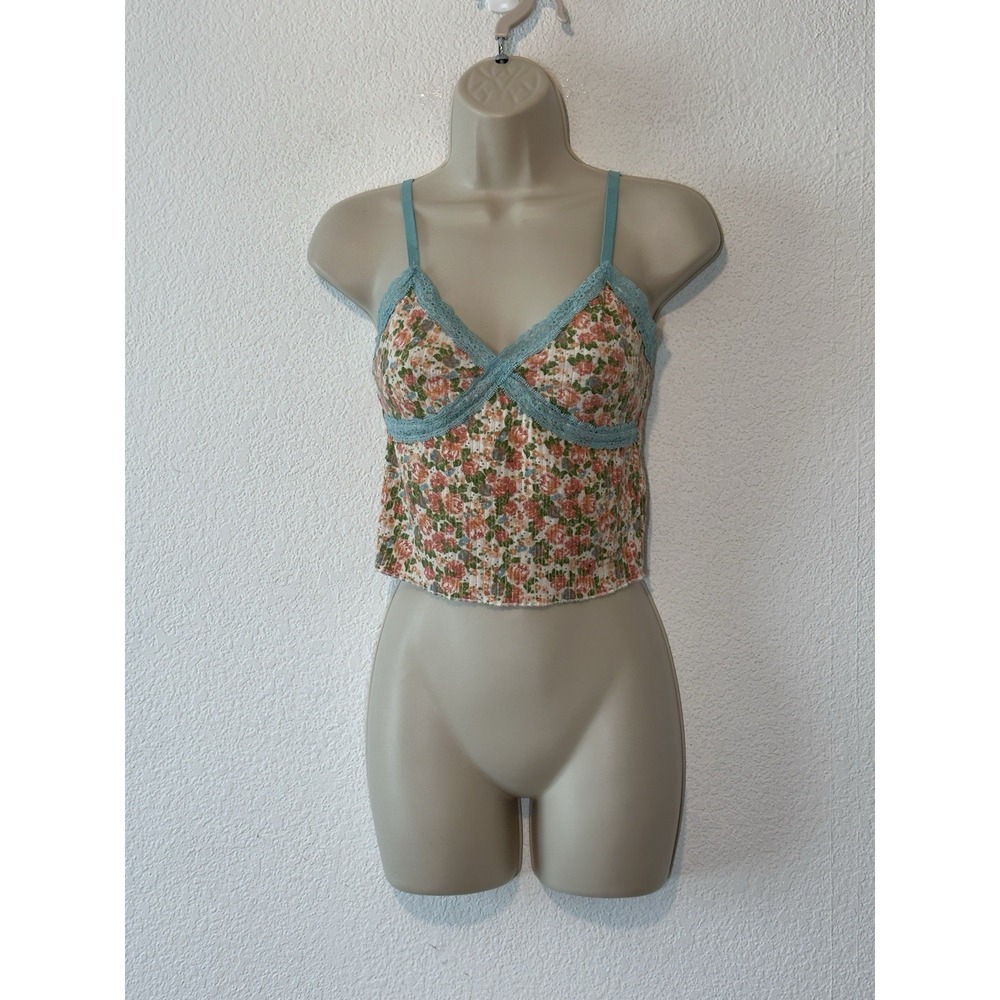 Y2K Rib Knit Cami Top Floral Lace Trim Fairy Dainty Whimsigoth Wild Fable